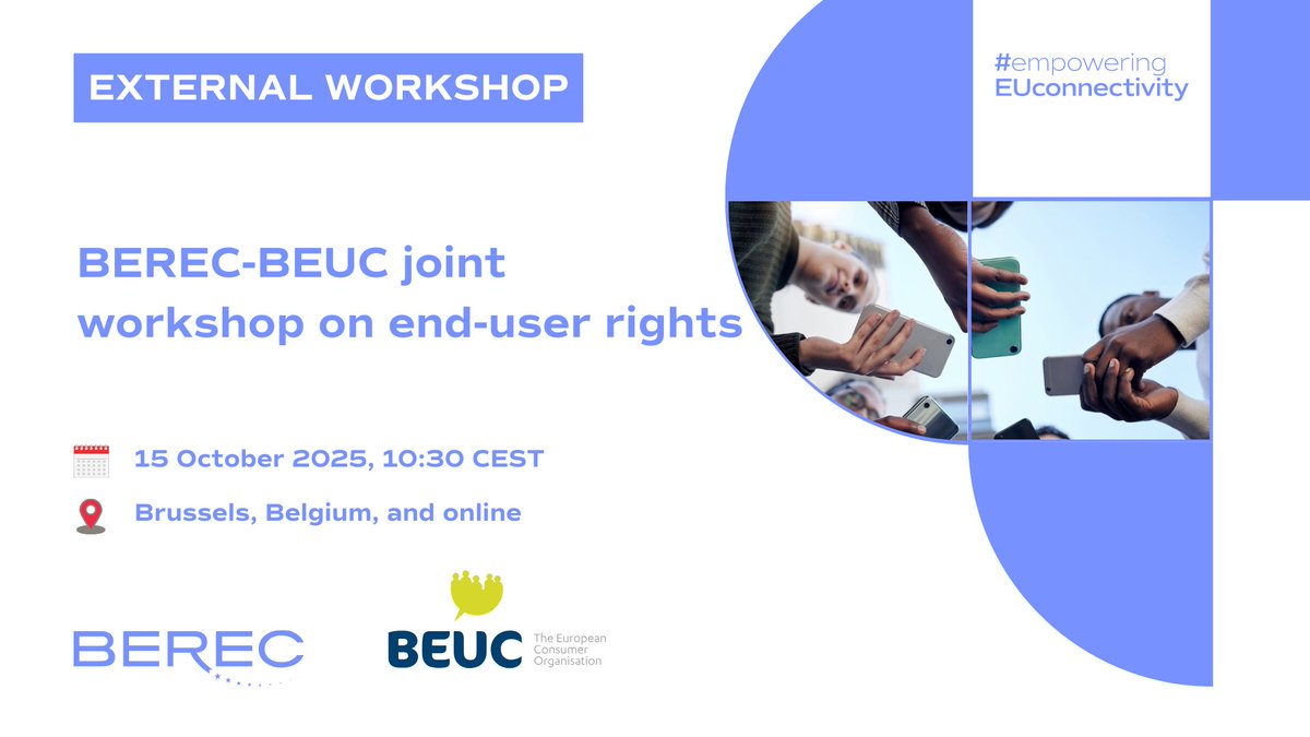BERECeuropaeu's tweet image. 💡#BEREC-@beuc joint workshop on #EndUser rights
🗓️15 October 2025
📍IRG Secretariat in Brussels, Belgium &amp;amp; online
Discuss, among others, the impact on #European consumers in a fast-changing #digital environment.
Register: berec.europa.eu/en/events/bere…
#empoweringEUconnectivity