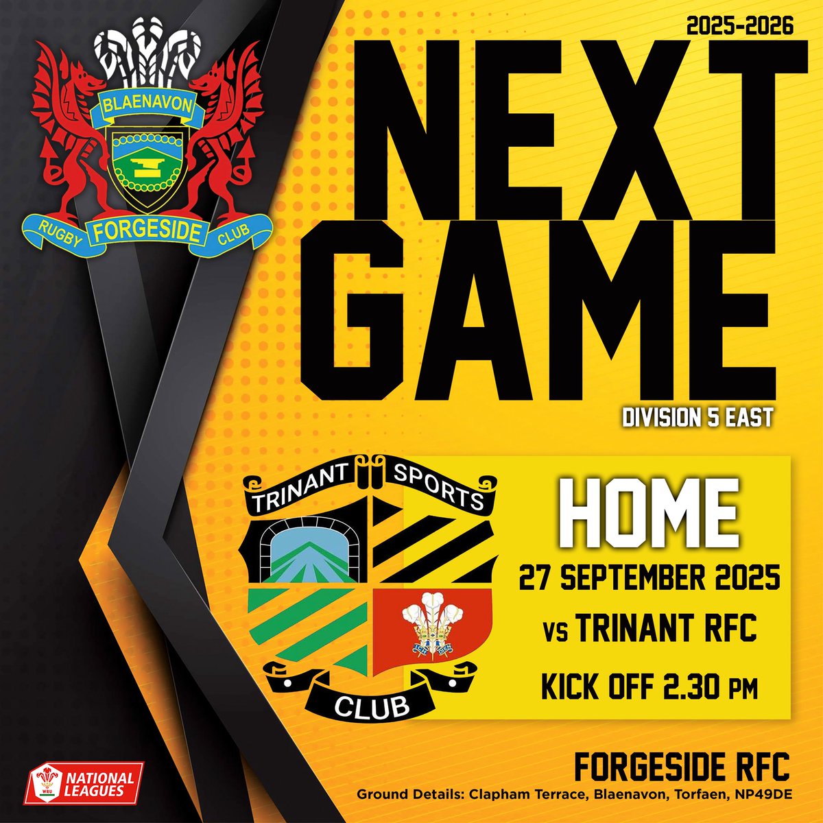 ForgesideRFC's tweet image. Fixture announcement 

This Saturday we are playing Trinant RFC in the original arranged league game. 

2.30 pm kick off home.