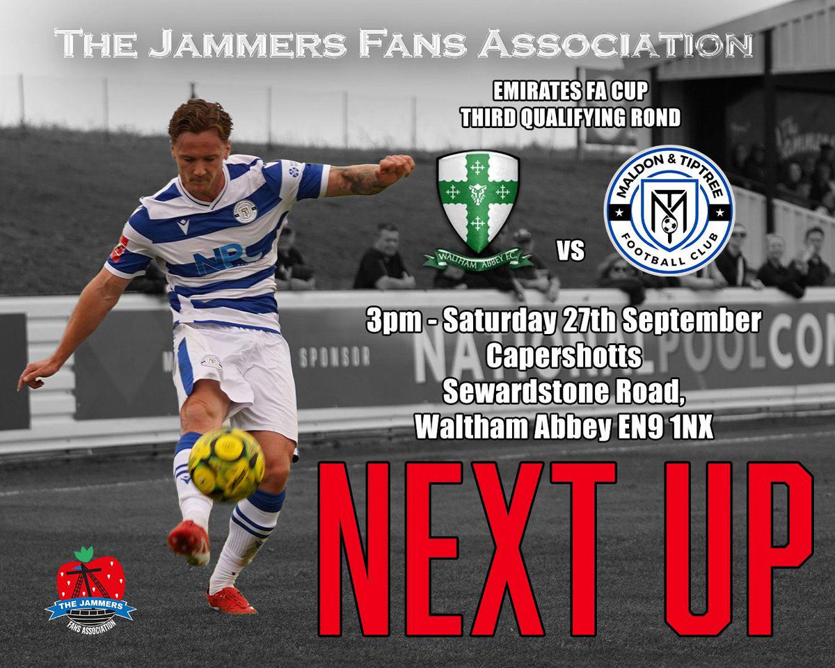 Next up we are back in FA Cup action 🏆

<a href="/MaldonTiptreeFC/">Maldon & Tiptree FC</a> travel to <a href="/walthamabbeyfc/">Waltham Abbey Football Club</a>

Don’t forget to book your JFA coach tickets 🎟️ click on link below⏬️⏬️
the-jfa-store.sumupstore.com

#COYJ🍓🍓🍓