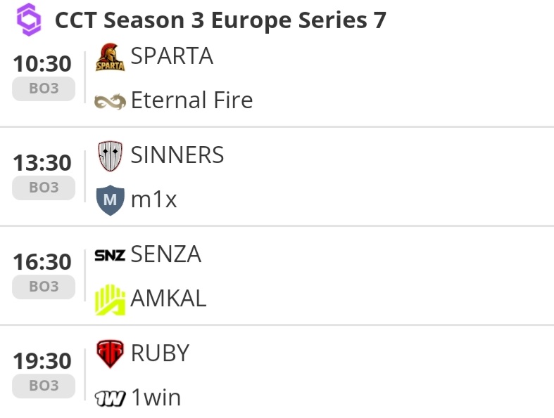 Good Morning 🌞

Day 5 of swiss stage at <a href="/CCT_CS/">Champion of Champions Tour CS2</a> Europe Series 7 

Time to say goodbye to first teams with 0-3 👀

My predictions:
<a href="/eternalfiregg/">Eternal Fire</a> 
<a href="/SINNERS_Esports/">SINNERS Esports</a> 
<a href="/amkalesports/">AMKAL ESPORTS</a> 
<a href="/1winPro/">1win</a> 

🎙:<a href="/Nexuwus/">Nexus ツ</a> &amp; <a href="/oversiard/">oversiard</a> , <a href="/GETTHEBAGMARK/">Mark Latreille</a> &amp; <a href="/V1nsonCasts/">V1nsonCasts</a> 

📺 kick.com/cct_cs3