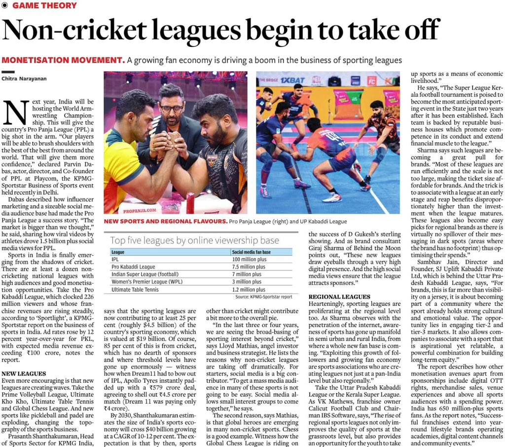 Sports these days has become more than an event evolving into a grand spectacle. <a href="/HiOnMoon/">Giraj</a> &amp; my take in Chitra Narayan’s article for Hindu <a href="/businessline/">businessline</a> where she writes about the boom in non-cricket sports leagues in India, from ProPanja to Pro Kabaddi, ProVolleyball &amp; beyond.