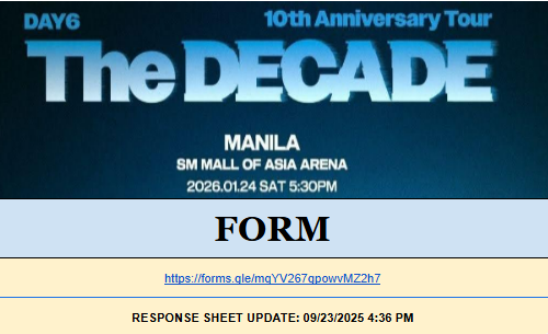 Seatmate finder is now updated!
We have a total of 222 responses. Please continue sharing the form mydays:
forms.gle/3wE2wKufLyjMvs…

View Sheet: docs.google.com/spreadsheets/d…

Thank you, see you vv soon MyDays!
#DAY6inManila #DAY6 #데이식스 #DAY6_10th_Anniversary_Tour #The_DECADE