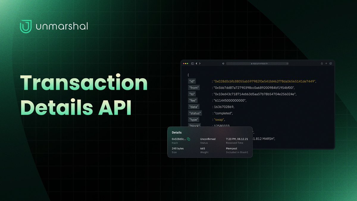 UnmarshalAI's tweet image. Want the full picture behind any transaction?

With Unmarshal’s Transaction Detail API, you get decoded insights for any TX hash across 50+ chains:

→ Timestamp, gas, and fee breakdown
→ Token transfers, logs, and more

Just query &amp;amp; build.

Docs: docs.unmarshal.io