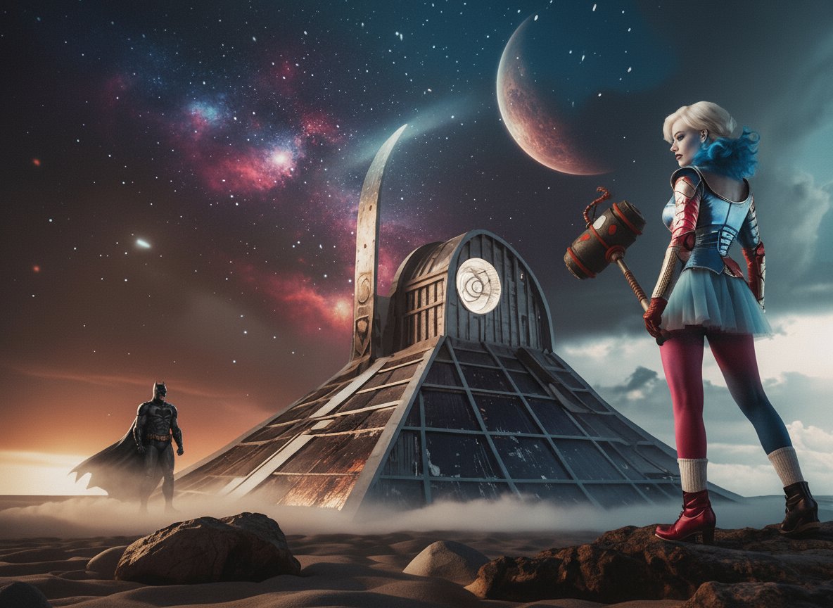 EvacuatedspacE (@geoffransome) on Twitter photo 💥⚡️Like a cosmic showdown between chaos and control, Harley Quinn perched playfully on one side and Batman brooding on the other, both dwarfed by a surreal clock-faced structure reaching into the stars. 
A metaphor for time, power, and maybe even the tension between spontaneity 💥⚡️Like a cosmic showdown between chaos and control, Harley Quinn perched playfully on one side and Batman brooding on the other, both dwarfed by a surreal clock-faced structure reaching into the stars. 
A metaphor for time, power, and maybe even the tension between spontaneity