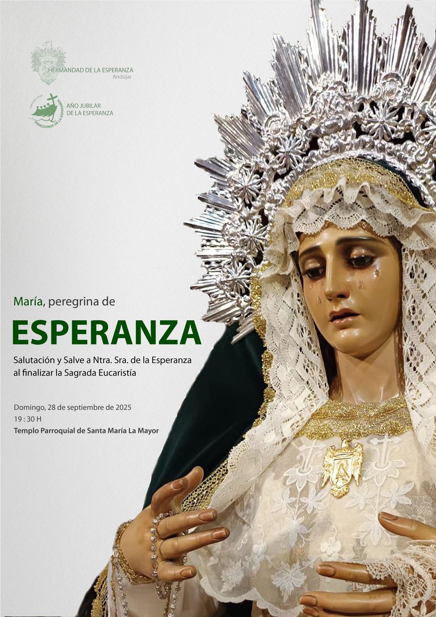 #JUBILEO | SALUTACIÓN Y SALVE A NTRA. SRA. DE LA ESPERANZA

El próximo domingo, 28 de septiembre, tras la sagrada Eucaristía que se celebrará a las 19:30 H, celebraremos la mensual Salutación y Salve a Ntra. Sra. de la Esperanza, con motivo del Año Jubilar de la Esperanza.