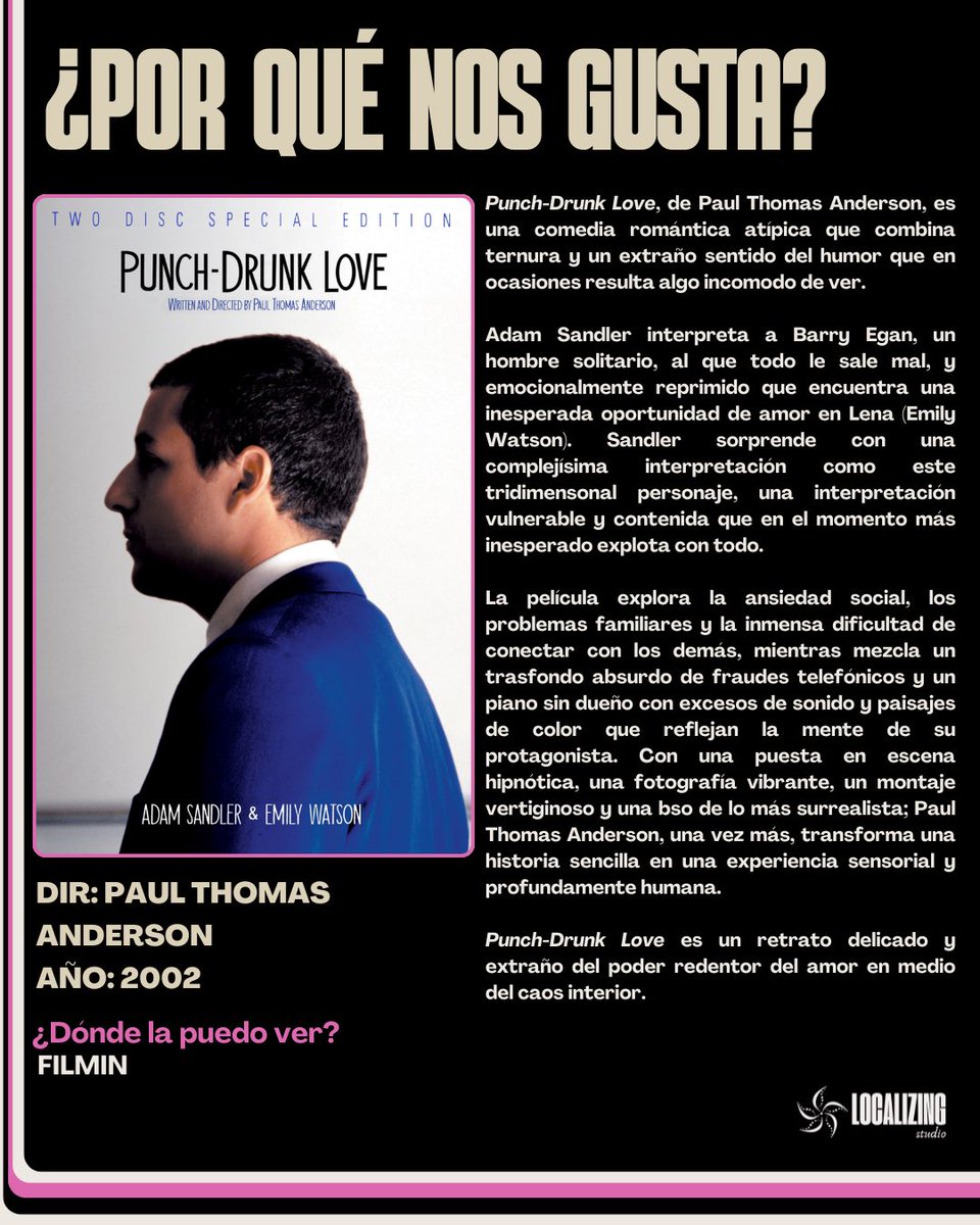 Localizing_St's tweet image. Título: Punch-Drunk Love 
Dir: Paul Thomas Anderson 
Año: 2002

@Filmin 

#martesdeelenco #almanaquecinefilo #localizingstudio #recomendaciones #cine