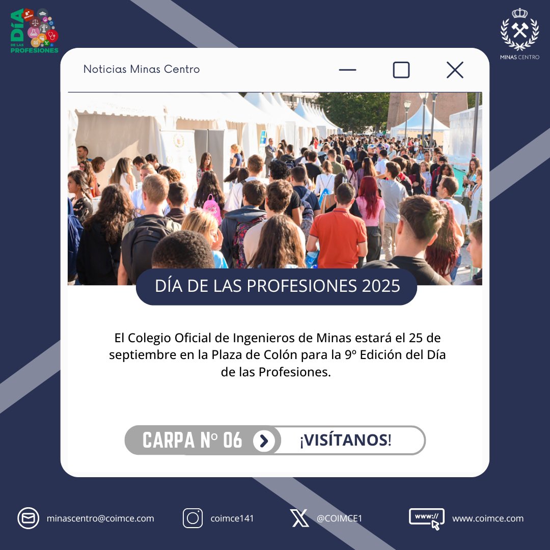 MINAS CENTRO (@coimce1) on Twitter photo 👋 Otro año más Minas Centro estará el 25 de septiembre en la 9° edición del Día de las Profesiones
¡Visita nuestra carpa! N°06
Programa completo en uicm.es
#DíaProfesionesUICM2025 #MinasCentro #DiaProfesiones #PlazaColon <a href="/UICMadrid/">Unión Interprofesional de la Comunidad de Madrid</a> 👋 Otro año más Minas Centro estará el 25 de septiembre en la 9° edición del Día de las Profesiones
¡Visita nuestra carpa! N°06
Programa completo en uicm.es
#DíaProfesionesUICM2025 #MinasCentro #DiaProfesiones #PlazaColon <a href="/UICMadrid/">Unión Interprofesional de la Comunidad de Madrid</a>