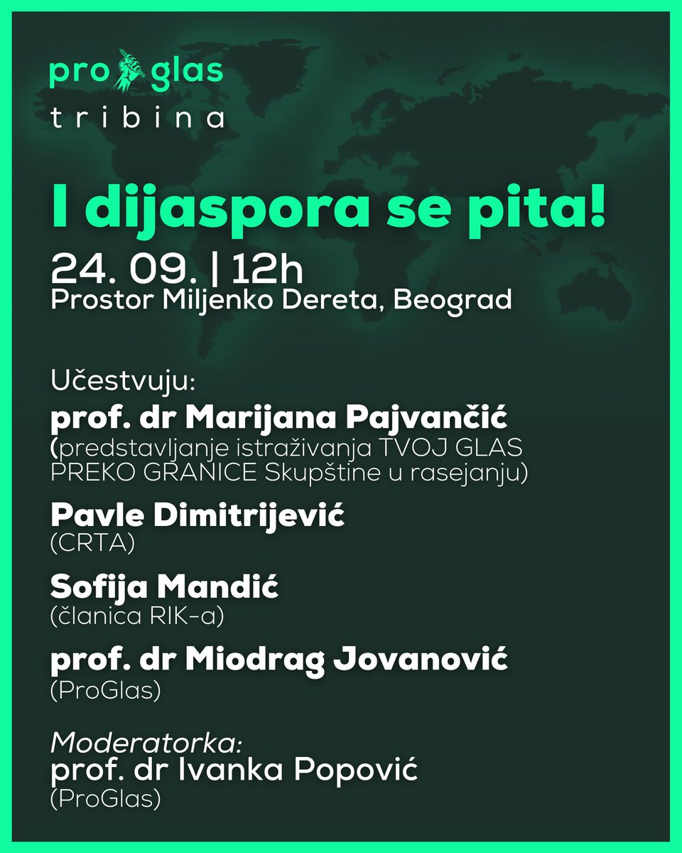pro_glas_rs's tweet image. Pridružite nam se u razgovoru:
👉🏼 I dijaspora se pita!

🗓️ 24. septembra, u 12h
📍 Prostor Miljenko Dereta, Dobračina 55, Beograd

Učestvuju:
🗣️ prof. dr Marijana Pajvančić
🗣️ Pavle Dimitrijević
🗣️ Sofija Mandić
🗣️ prof. dr Miodrag Jovanović
Moderatorka: prof. dr Ivanka Popović.