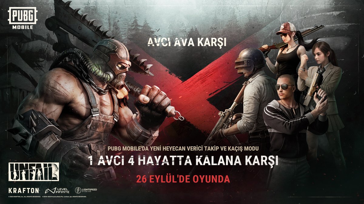 PUBGM_TR's tweet image. UNFAIL | 26 Eylül'de geliyor
Yeni Heyecan Verici Kovalamaca ve Kaçış Oyun Modu
1 AVCI VS 4 HAYATTA KALAN
Bizi takip etmeye devam edin!
📱Şimdi indirin: pubgmobile.live/unfail400

#PUBGMOBILE
#UNFAIL
#PUBGM400