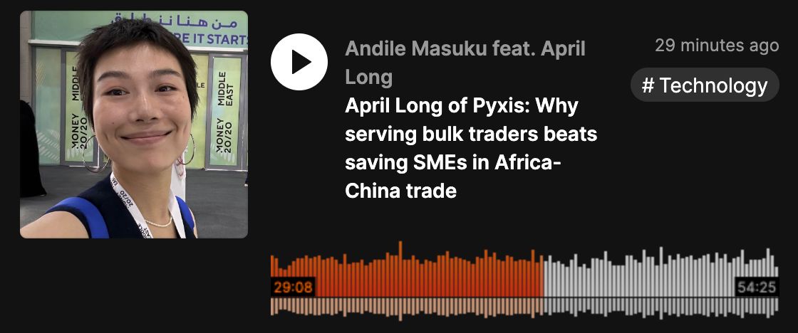 africanroundup's tweet image. 1/3 📝: NEW POD - April Long tells @MasukuAndile that she thought serving SMEs would transform Africa-China trade. Instead, she nearly bankrupted Pyxis chasing impact dreams whilst clunky bulk traders quietly moved $286bn in goods. #TechTidesTuesday

🎧 👉🏾 pod.link/1152011645/epi…