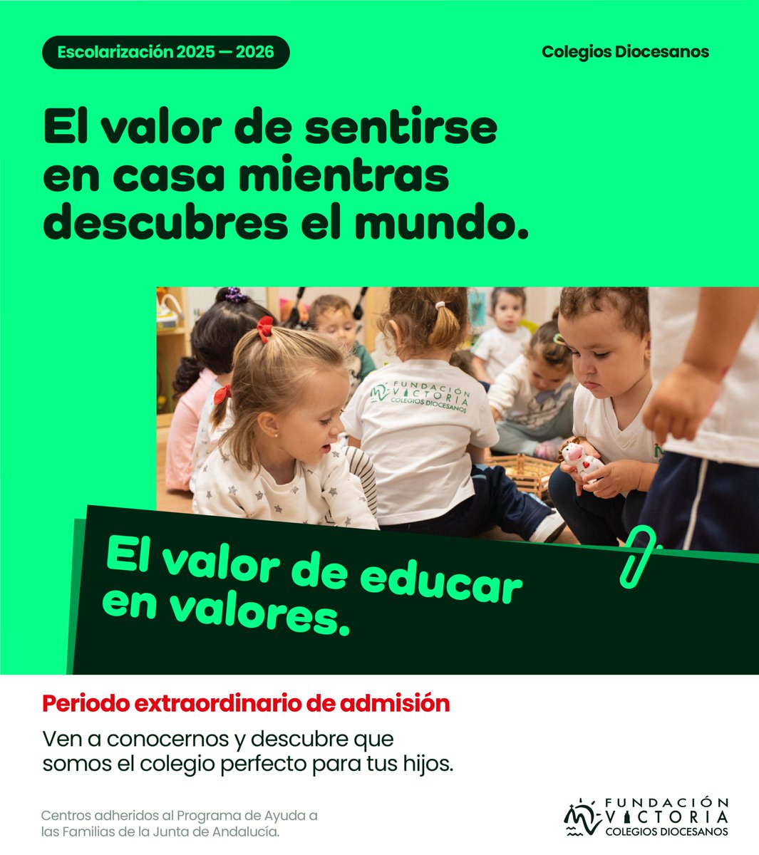 📢 Abierto el periodo extraordinario de admisión 0-3 años en Andalucía.

ℹ️ Conoce los centros donde ofrecemos esta etapa educativa y todos los datos sobre este procedimiento extraordinario en nuestra web: fvictoria.es/abierto-el-per…

#ColegiosDiocesanos #EducandoEvangelizando