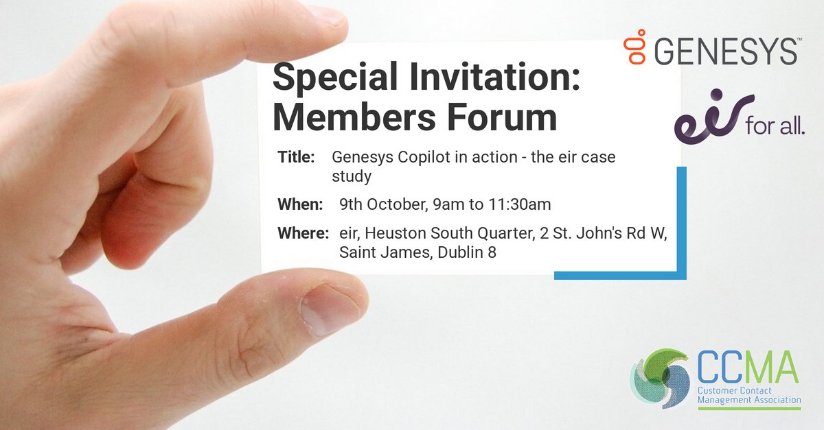 🚀 AI Copilot in action!
Join our CCMA Members Forum on 9 Oct to hear how eir + Genesys partnered on an AI Copilot programme that transformed CX, ops &amp; engagement.

📍 eir HQ Dublin | 🕘 9–11.30 a.m.
👉 rpb.li/6vV7
#CCMAIreland #AI #Genesys #CustomerExperience