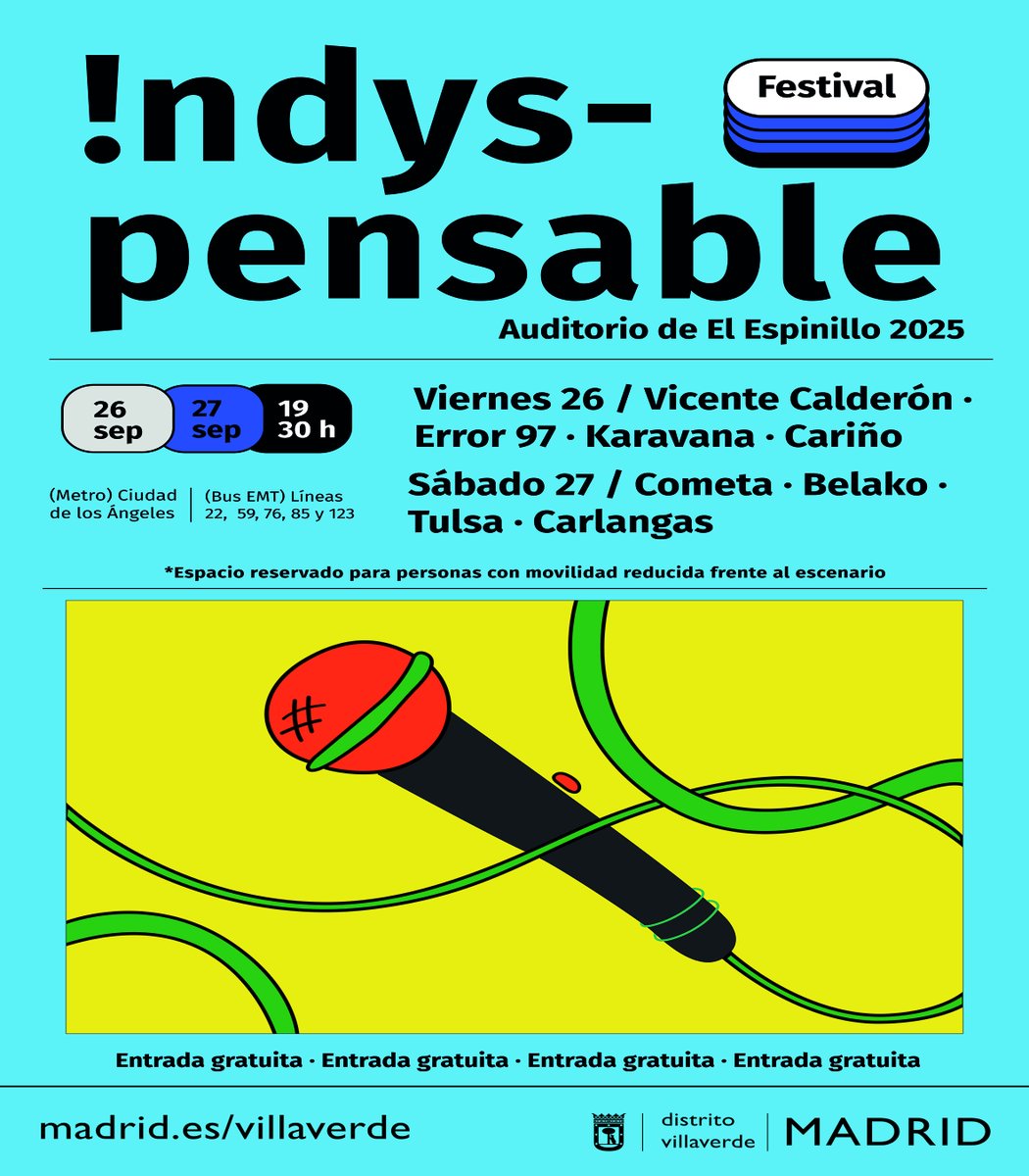 🎸 Villaverde se llena de indie.
26 y 27 de septiembre → Festival Indyspensable 2025.
✨ Cariño · Tulsa · Belako · Carlangas · Karavana · Cometa · Error 97 · Vicente Calderón.
📍 Auditorio El Espinillo · 19:30h · Entrada gratuita
#Indyspensable2025