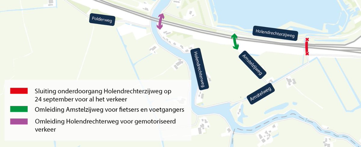 🚧 Op woensdag 24 september van 07.00 uur tot 19.00 uur is de #Holendrechterzijweg, ter hoogte van de #A9 dicht. 
🚗Gemotoriseerd verkeer wordt omgeleid via de Holendrechterweg.
🚲 Fietsers en voetgangers worden omgeleid via de fietsonderdoorgang bij de Amstelzijweg.