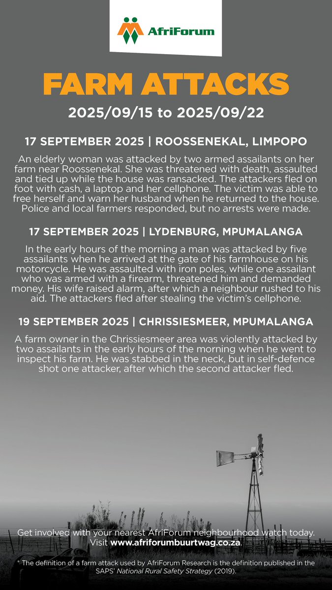 Farm Attacks the last 7 days. <a href="/afriforum/">AfriForum</a>