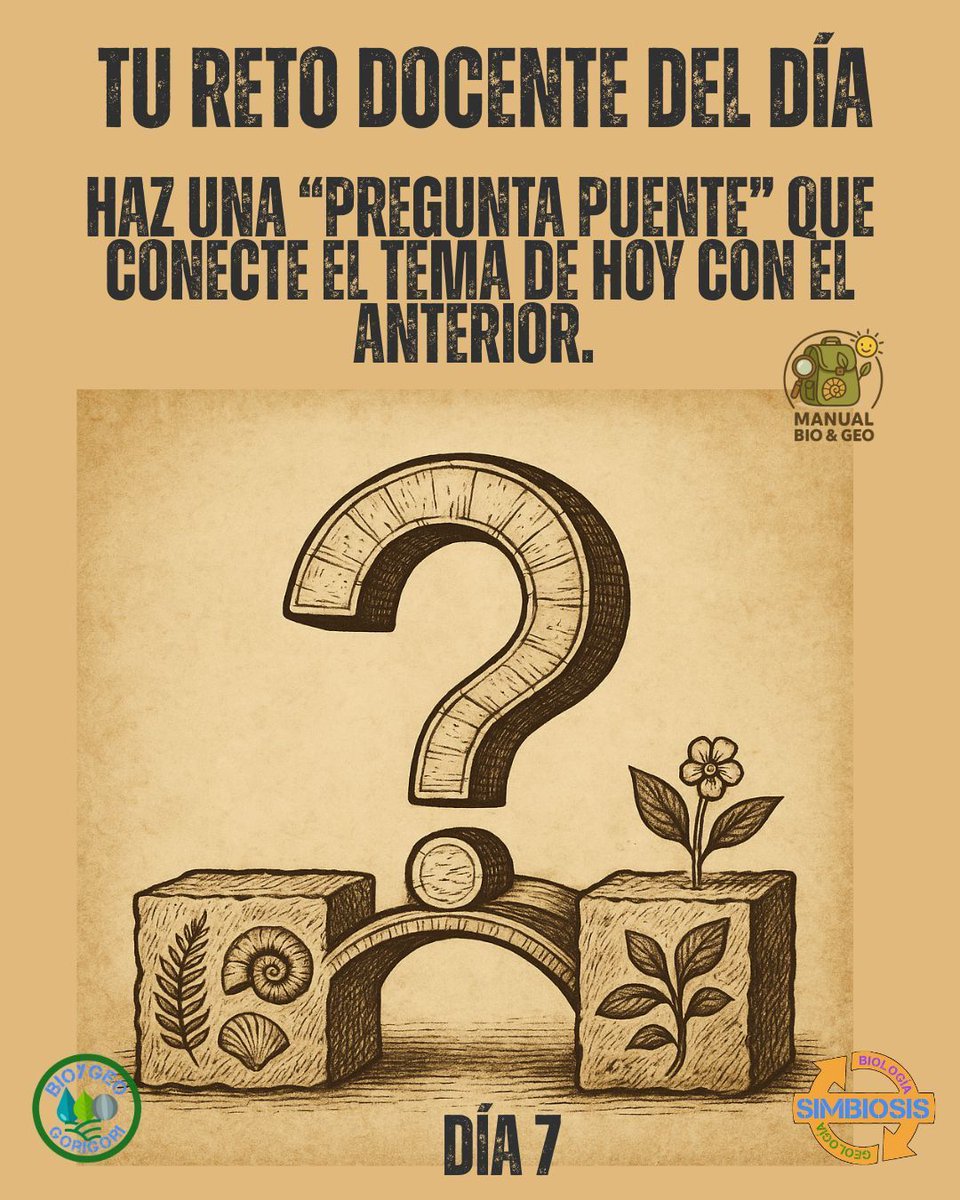 Día 7 – Pregunta puente
🌉 “¿Cómo conecta lo que vimos ayer con lo de hoy?” Un simple enlace convierte contenidos aislados en un conocimiento continuo.  proyectosimbiosis.colectivocrecet.com/blog/el-manual… 
#profesbiogeo #blogsimbiosis #manualbioygeo #Pedagogía #Docente
