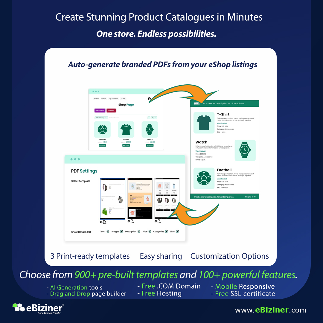 EBiziner's tweet image. Need a polished product catalogue for your eShop? Our PDF builder turns your listings into beautiful, branded documents ready to print, share, or email. No design skills needed.
#ebiziner #ProductCatalogue #PDFBuilder #eShopTools #DigitalCatalog  #RetailMarketing #SmartCommerce