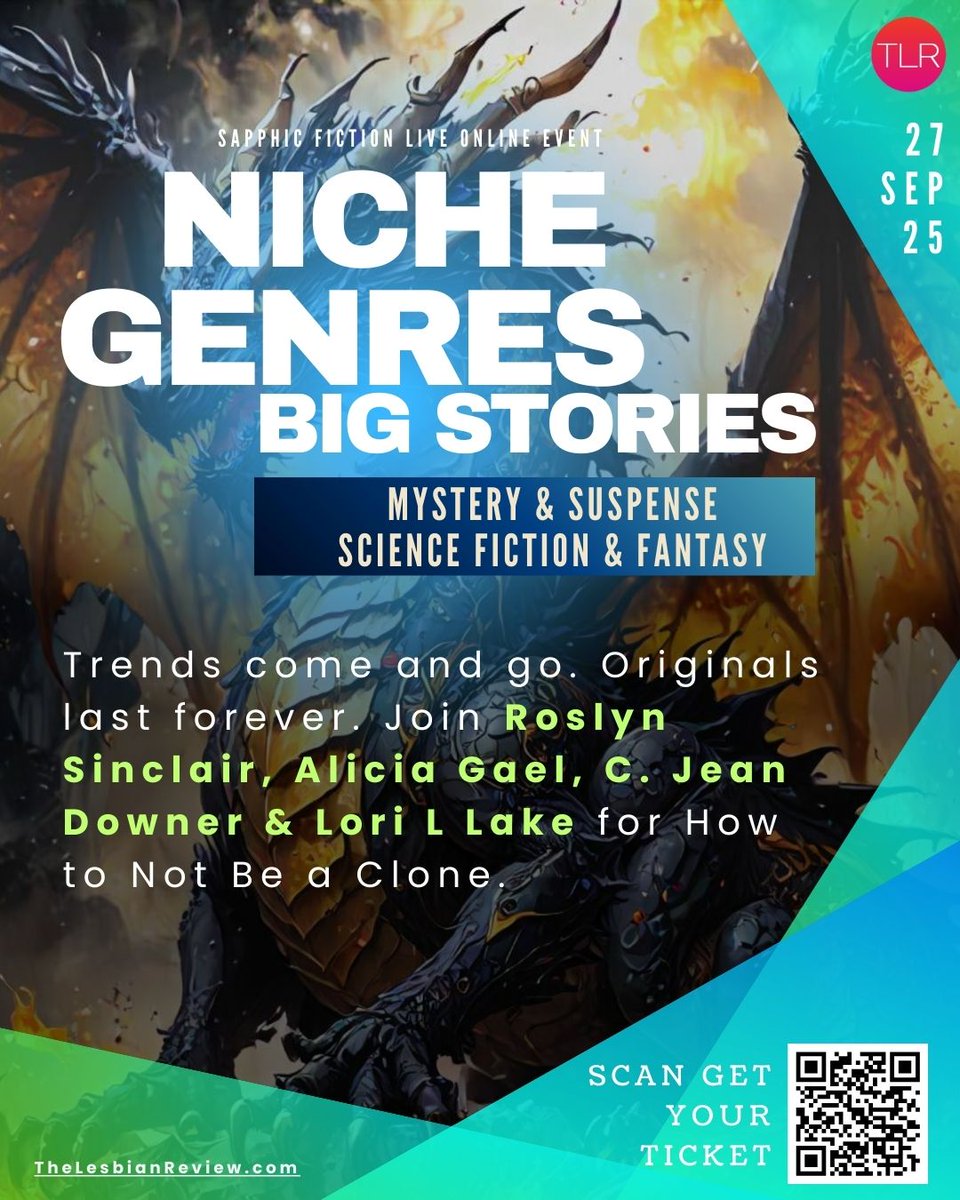 This Saturday, get your ticket! Niche Genres Big Stories.Panelists explore originality in sapphic Mystery, Sci-Fi &amp; Fantasy.

27 Sept, online. Get your tickets at
thelesbianreview.com/nice-genres-bi…

<a href="/WritingRoslyn/">Roslyn Sinclair (@WritingRoslyn on Bluesky)🖊️ 📖</a>
#lesfic #lesbianbooks #sapphicbooks #bookevent
