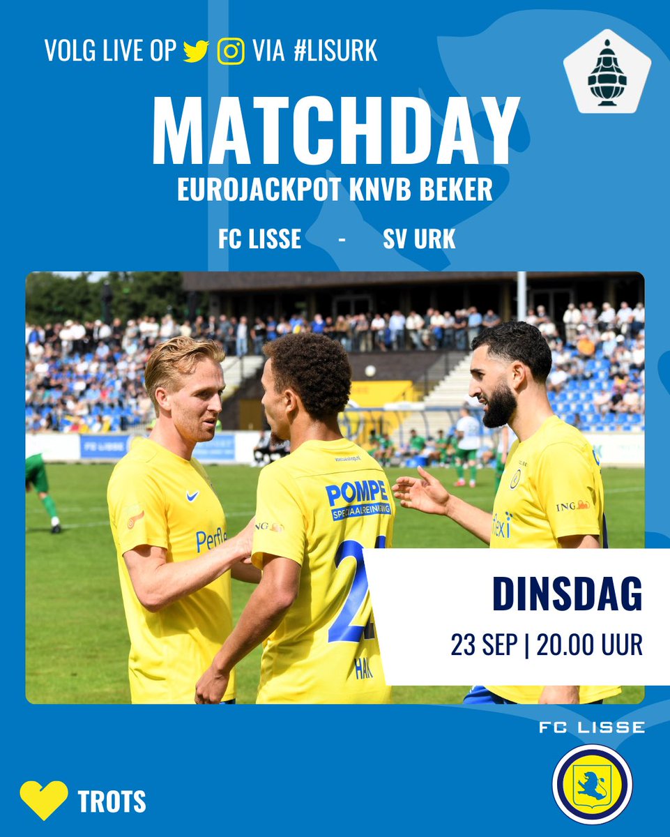 FC Lisse (@fclisse) on Twitter photo 🏆 BEKERAVONTUUR | Tweede kwalificatieronde Eurojackpot KNVB Beker 🏆
Aftrap 20.00u. Entree gratis. Tot vanavond! 🟡🏆🔵
🎙️ Verslag vd bekerwedstrijd te beluisteren bij <a href="/omroepbo/">Bollenstreek Omroep</a> met onze JKF 🎙️
De kantine sluit een uur na de wedstrijd vanwege de feestweek 🐴 🏆 BEKERAVONTUUR | Tweede kwalificatieronde Eurojackpot KNVB Beker 🏆
Aftrap 20.00u. Entree gratis. Tot vanavond! 🟡🏆🔵
🎙️ Verslag vd bekerwedstrijd te beluisteren bij <a href="/omroepbo/">Bollenstreek Omroep</a> met onze JKF 🎙️
De kantine sluit een uur na de wedstrijd vanwege de feestweek 🐴