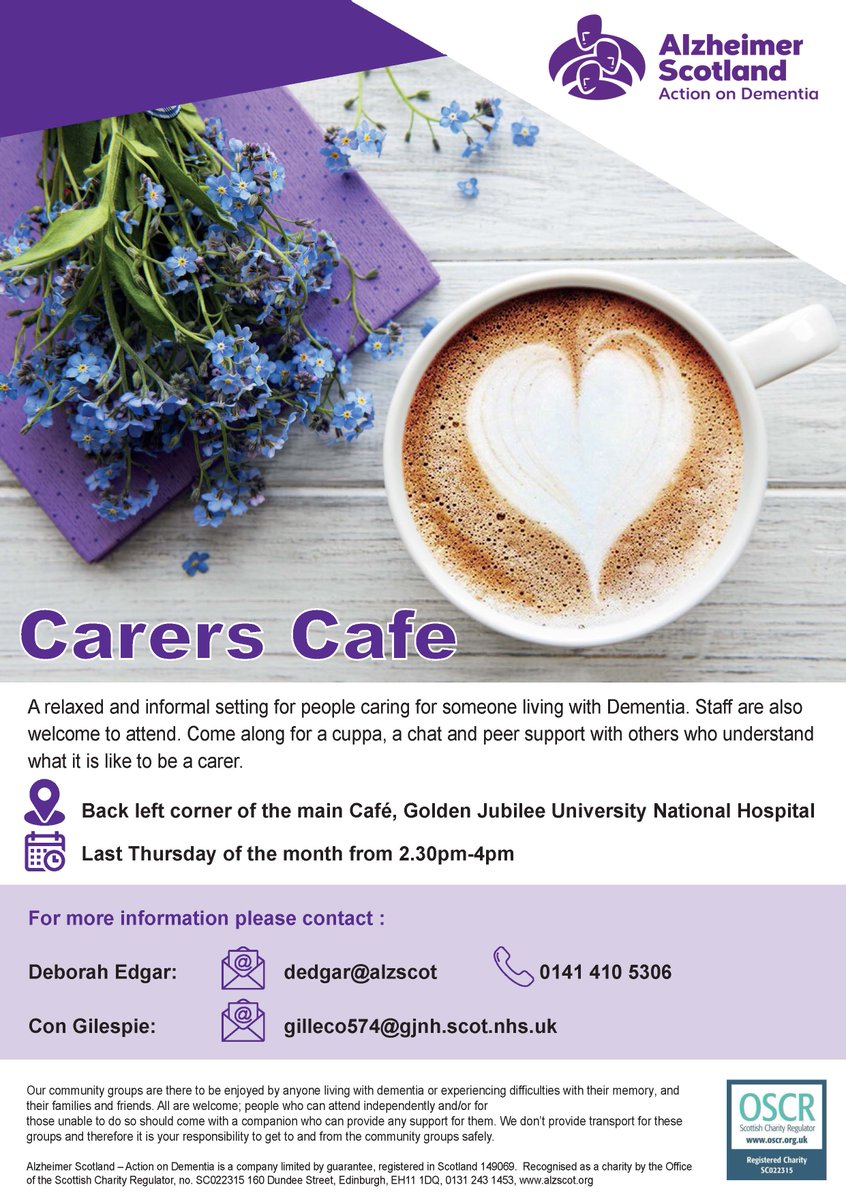 JubileeHospital's tweet image. Our next community Carers Café will take place on Thursday 25 September, from 2.30pm – 4pm in the Golden Bistro dining room at NHS Golden Jubilee💜

For more information email dedgar@alzscot or gilleco574@gjnh.scot.nhs.uk