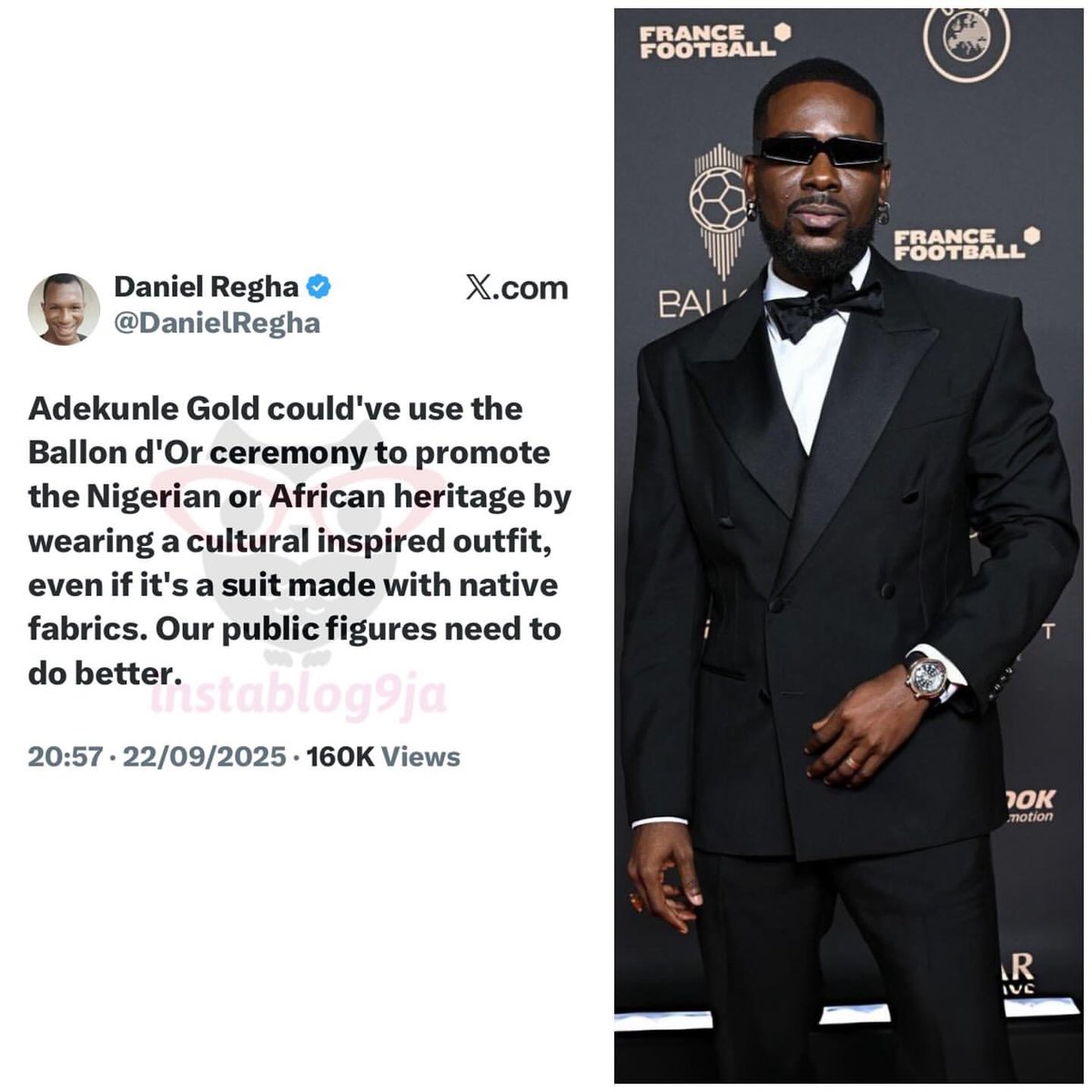 instablog9ja's tweet image. Influencer Daniel Regha urges Adekunle Gold to do better after the singer failed to showcase the Nigerian culture through his outfit at the  Ballon d’Or event