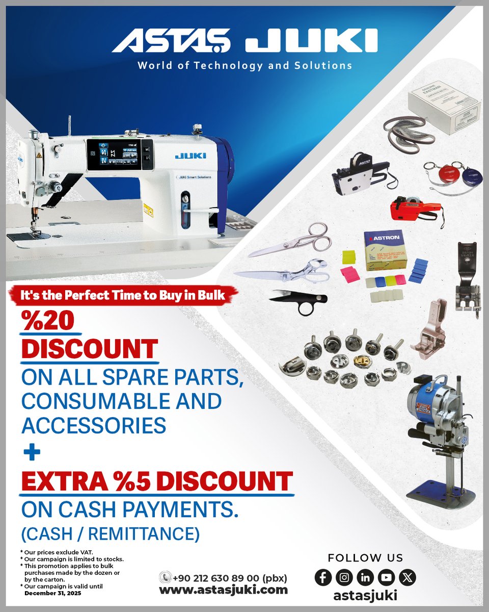 AstasTechnology's tweet image. Discount on All Spare Parts, Consumables, and Accessories!

- Our campaign is valid while stocks last.
- Campaign period: Until December 31, 2025
- astasjuki.com  |  +90 212 630 89 00

#SparePartsDiscount #SmartShopping #TimeForSavings