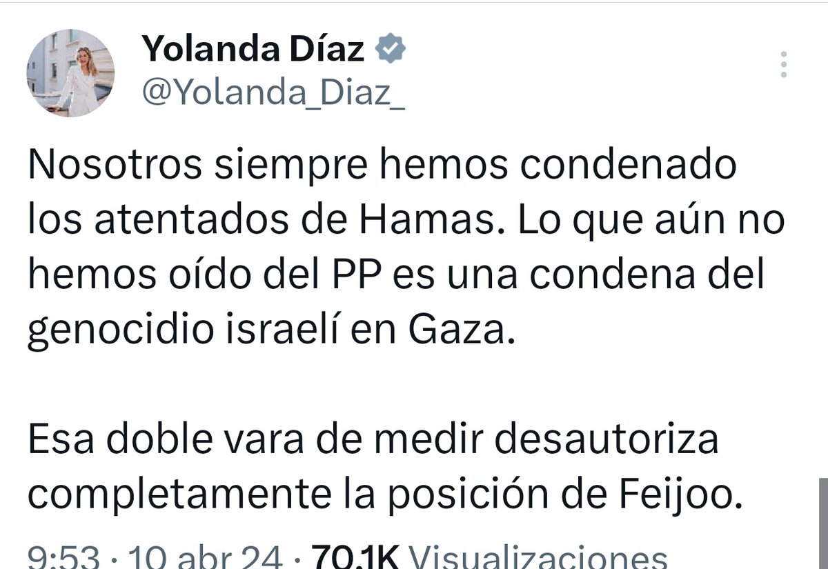 En la tertulia de hoy de <a href="/ondavasca/">Onda Vasca</a> un oyente ha dicho q <a href="/Yolanda_Diaz_/">Yolanda Díaz</a> ni <a href="/PODEMOS/">Podemos</a> ni habían condenado el terrorismo de Hamas.Después una intervención "matizada" de la representante del PP incidía en el tema
Quienes no condenan un Genocidio intentan con mentiras manchar a todas