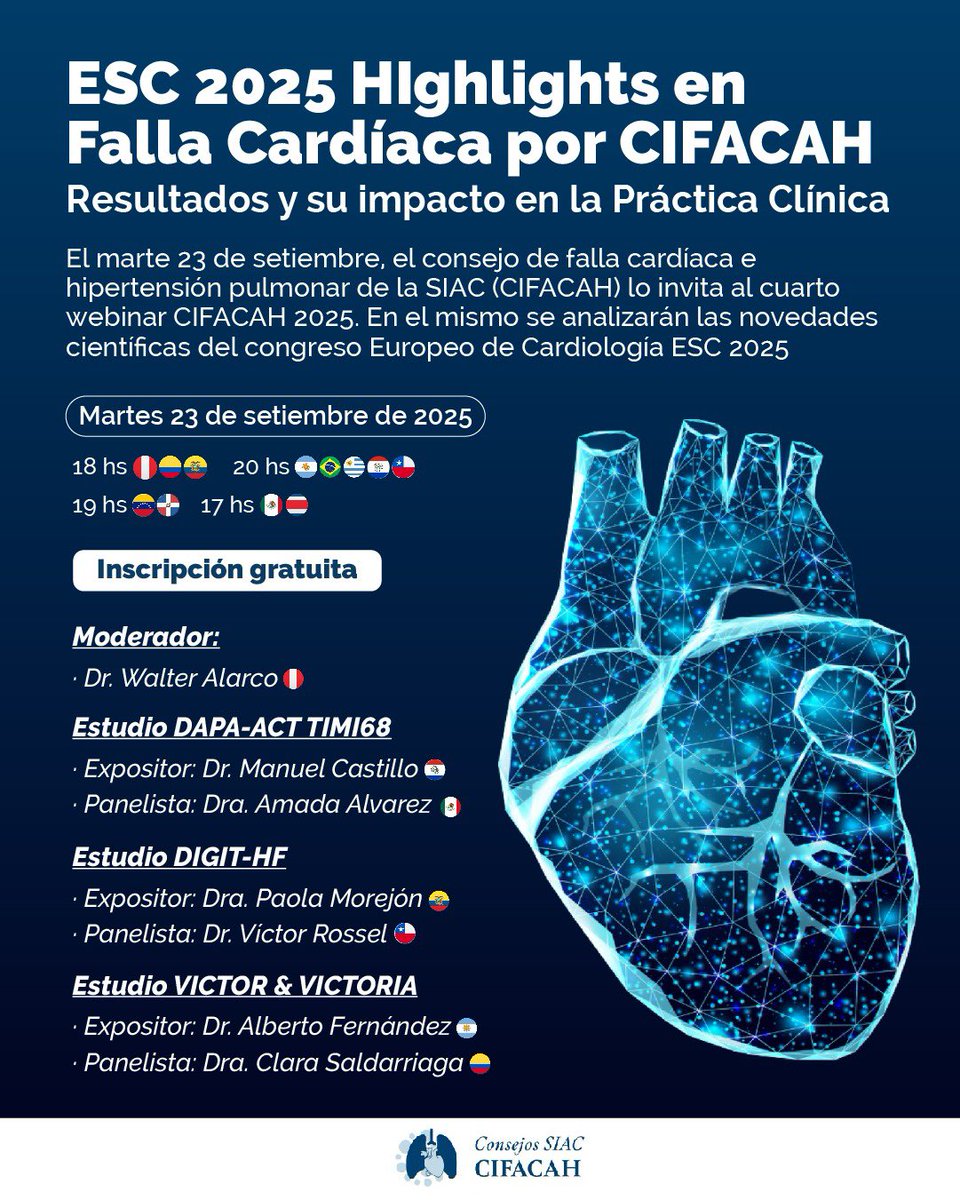 Alex Rivera Toquica (@riveratoquicamd) on Twitter photo ¡HOY!
<a href="/cifacah/">Consejo Interamericano de Falla Cardíaca e HP</a> los invita hoy al webinar:
ESC 2025 Highlights en Falla Cardíaca por CIFACAH
Resultados y su impacto en la Práctica Clínica.
🗓️ Martes 23 de septiembre
🕕 18:00 horas 🇨🇴
🔗Inscripción sin costo: us02web.zoom.us/webinar/regist…
<a href="/SIAC_cardio/">SIAC</a> <a href="/FallaCardiaca/">Capítulo Falla Cardíaca</a> <a href="/sccccardio/">Sociedad Colombiana de Cardiología</a> ¡HOY!
<a href="/cifacah/">Consejo Interamericano de Falla Cardíaca e HP</a> los invita hoy al webinar:
ESC 2025 Highlights en Falla Cardíaca por CIFACAH
Resultados y su impacto en la Práctica Clínica.
🗓️ Martes 23 de septiembre
🕕 18:00 horas 🇨🇴
🔗Inscripción sin costo: us02web.zoom.us/webinar/regist…
<a href="/SIAC_cardio/">SIAC</a> <a href="/FallaCardiaca/">Capítulo Falla Cardíaca</a> <a href="/sccccardio/">Sociedad Colombiana de Cardiología</a>