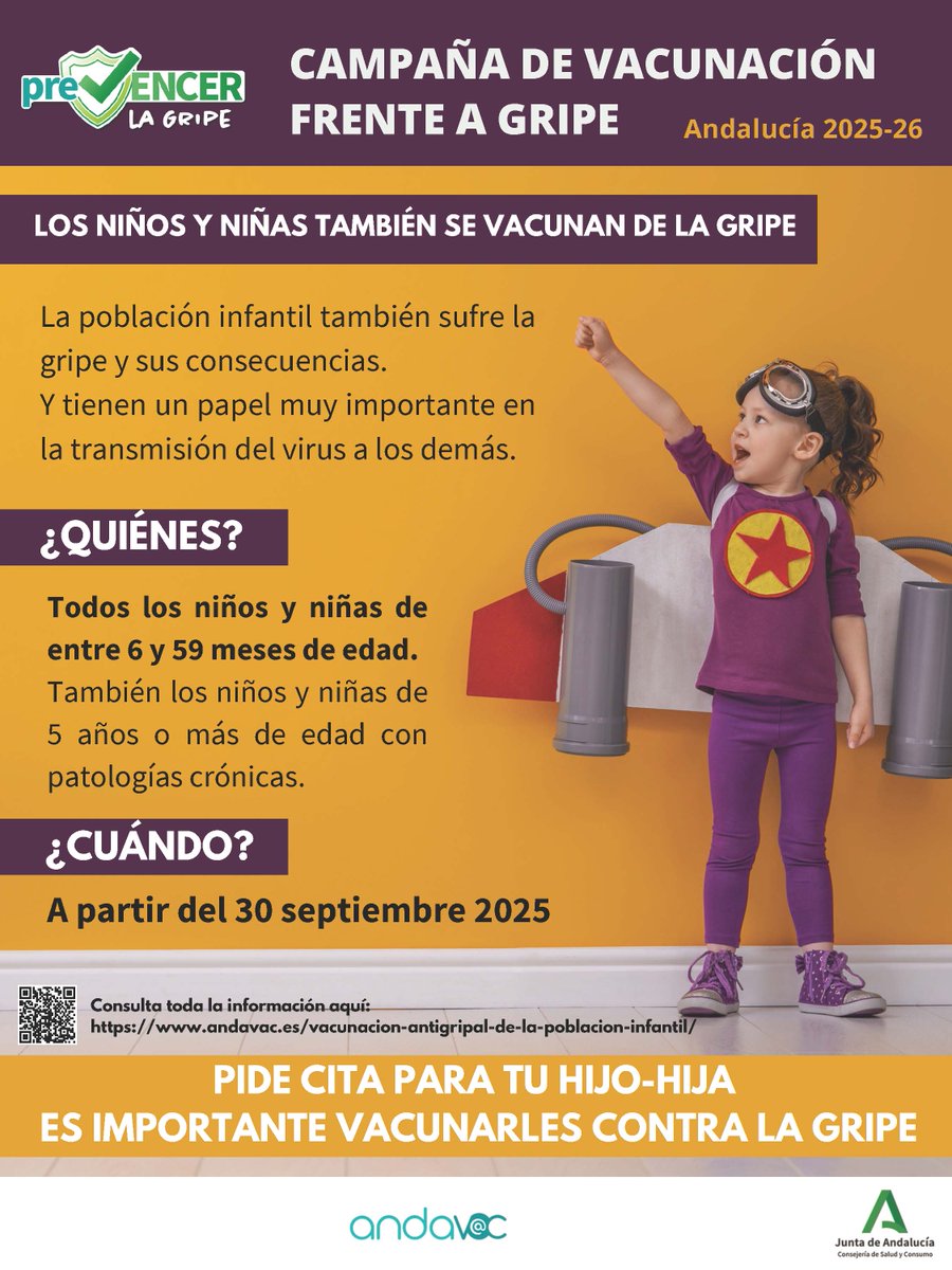 Andavac_'s tweet photo. 📢Campaña de Vacunación Infantil 2025-2026 en Andalucía

🦸Como en años anteriores se vacunará a todos los niños y niñas de 6 meses hasta 4 años y 11 meses

🗓️Inicio: 30 de septiembre de 2025

🆕Los niños y niñas de 3 y 4 años recibirán la vacuna por vía intranasal en los coles https://t.co/sJ4heL80pG