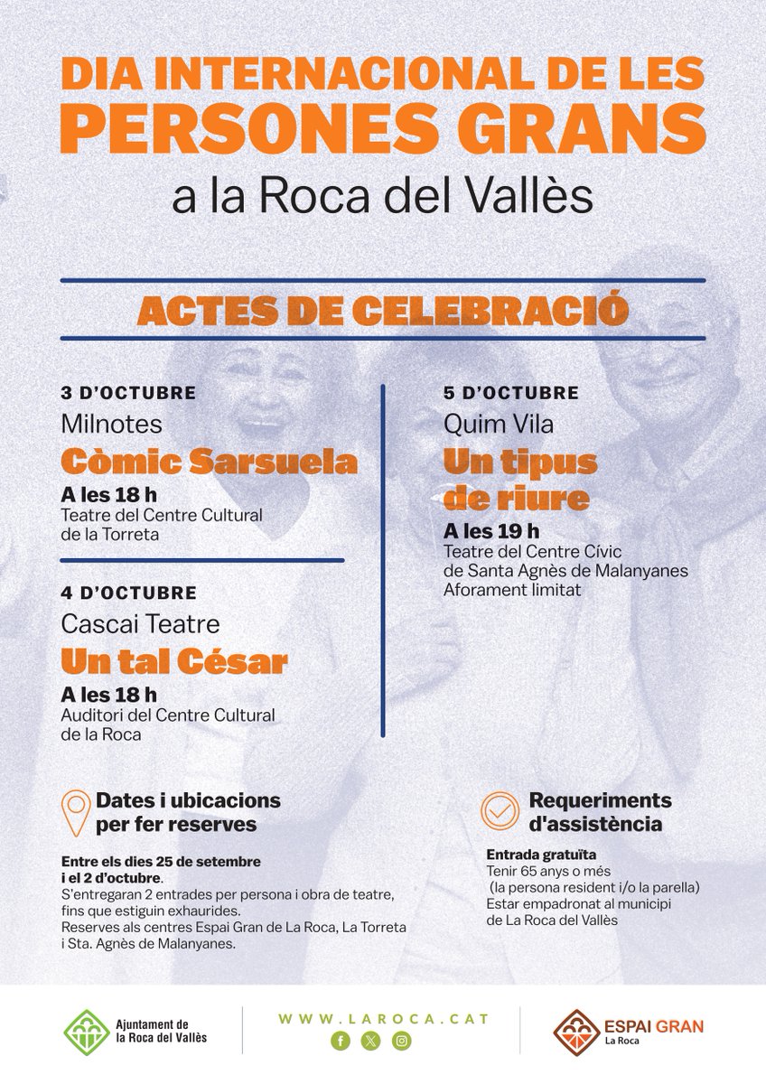 👵👴 La Roca del Vallès celebra el Dia Internacional de les Persones Grans amb tres propostes teatrals! 🎭

🎟️ Les entrades es podran adquirir del 25 de setembre al 2 d’octubre.

👉 Més informació: f.mtr.cool/dgvxusnuxo

#LaRocadelVallès