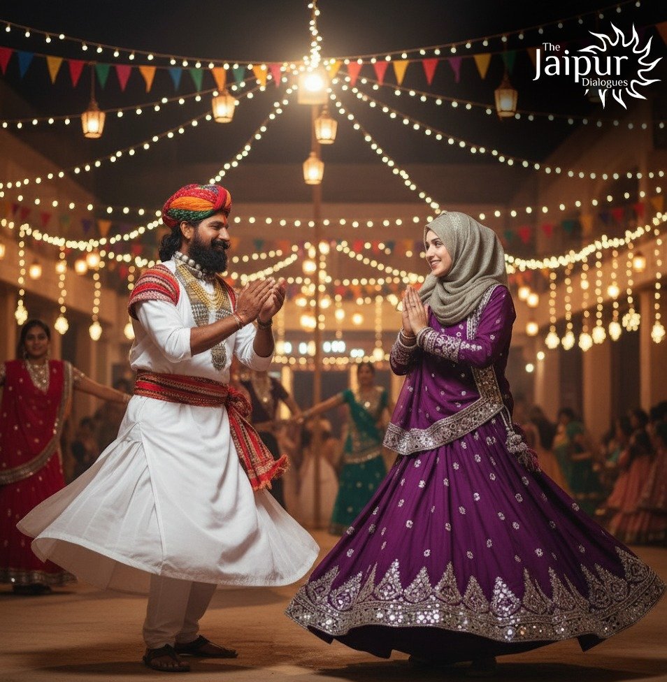 AI image by Jaipur Dialogues shows a Hindu man with a Muslim woman at Garba. Not a crime.

But if roles were reversed, Muslim man &amp; Hindu woman, it would be branded “Love Jihad.”
