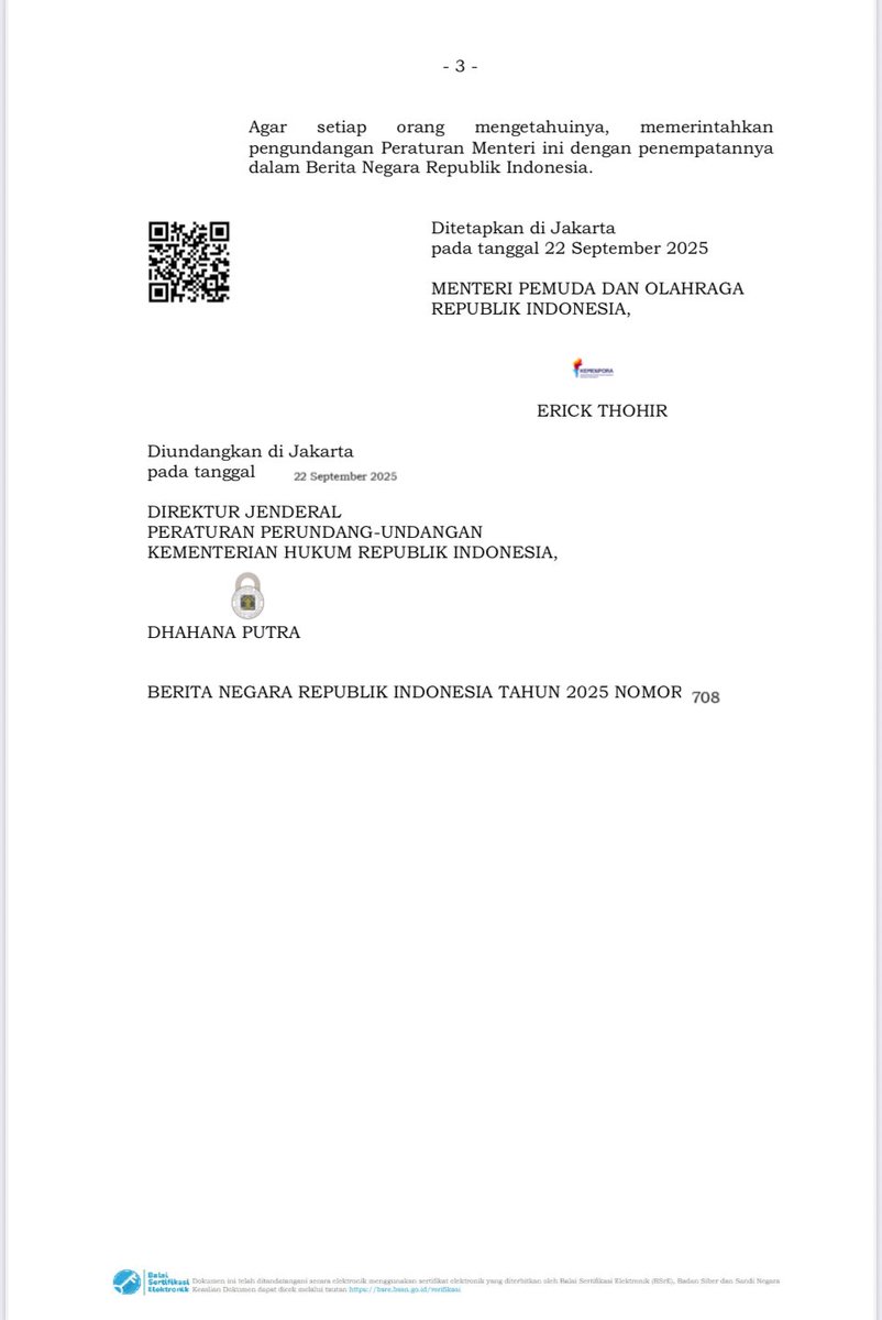 Saya mengapresiasi &amp; mendukung penuh langkah Menpora <a href="/erickthohir/">Erick Thohir</a>  mencabut Permenpora 14/2024. Keputusan bijak yang menunjukkan kesiapan pemerintah mendengar suara stakeholders dalam rangka :

1. Memperbaiki tata kelola yang lebih inklusif, karena Olahraga prestasi bukan hanya