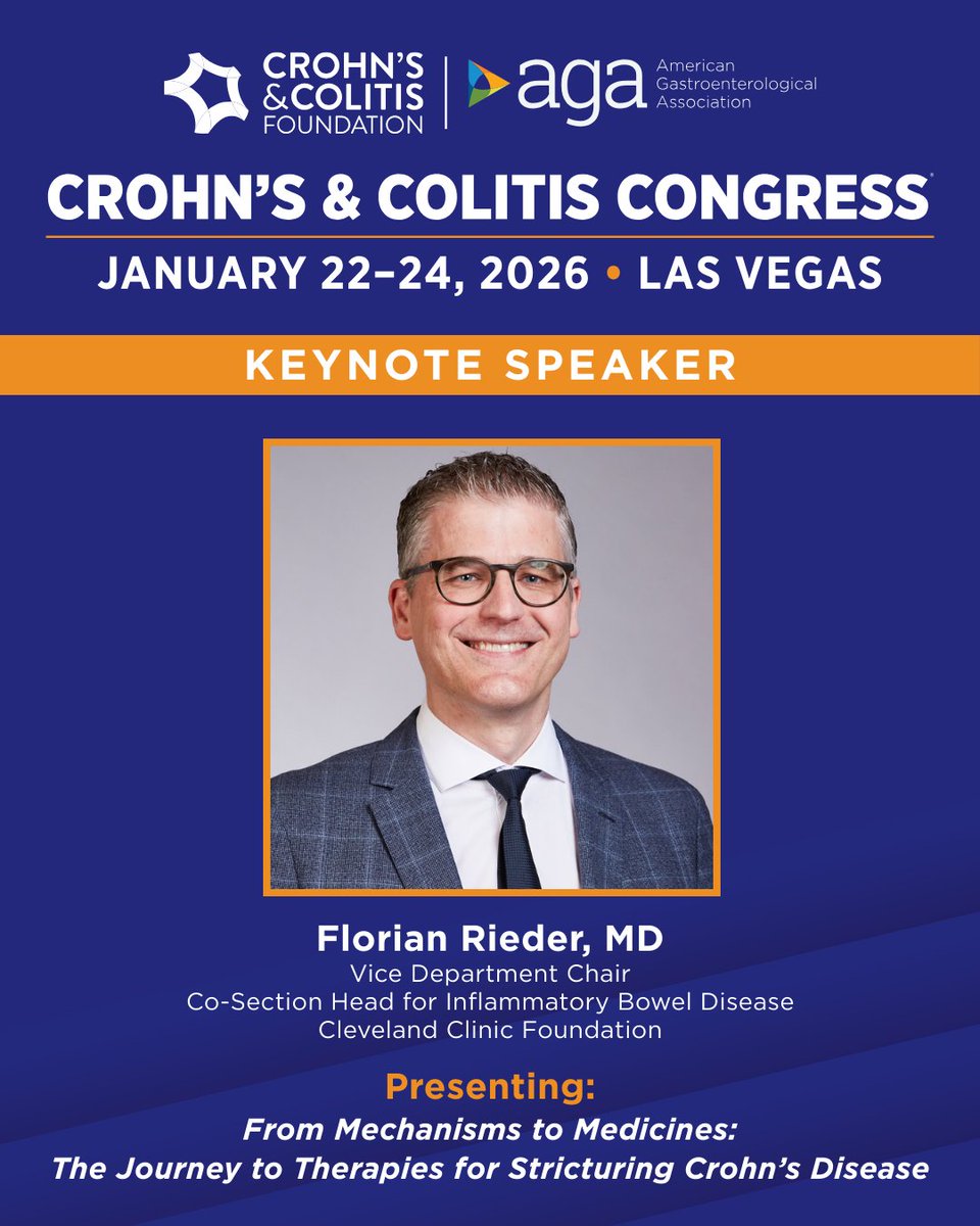 Meet #CCCongress26 Keynote, <a href="/IBD_FloMD/">Florian Rieder</a>! Join us Jan 22-24 in Vegas to connect with experts &amp; the latest breakthroughs in #IBD care. Register by October 21 &amp; SAVE bit.ly/4midzst <a href="/AmerGastroAssn/">American Gastroenterological Association (AGA)</a>