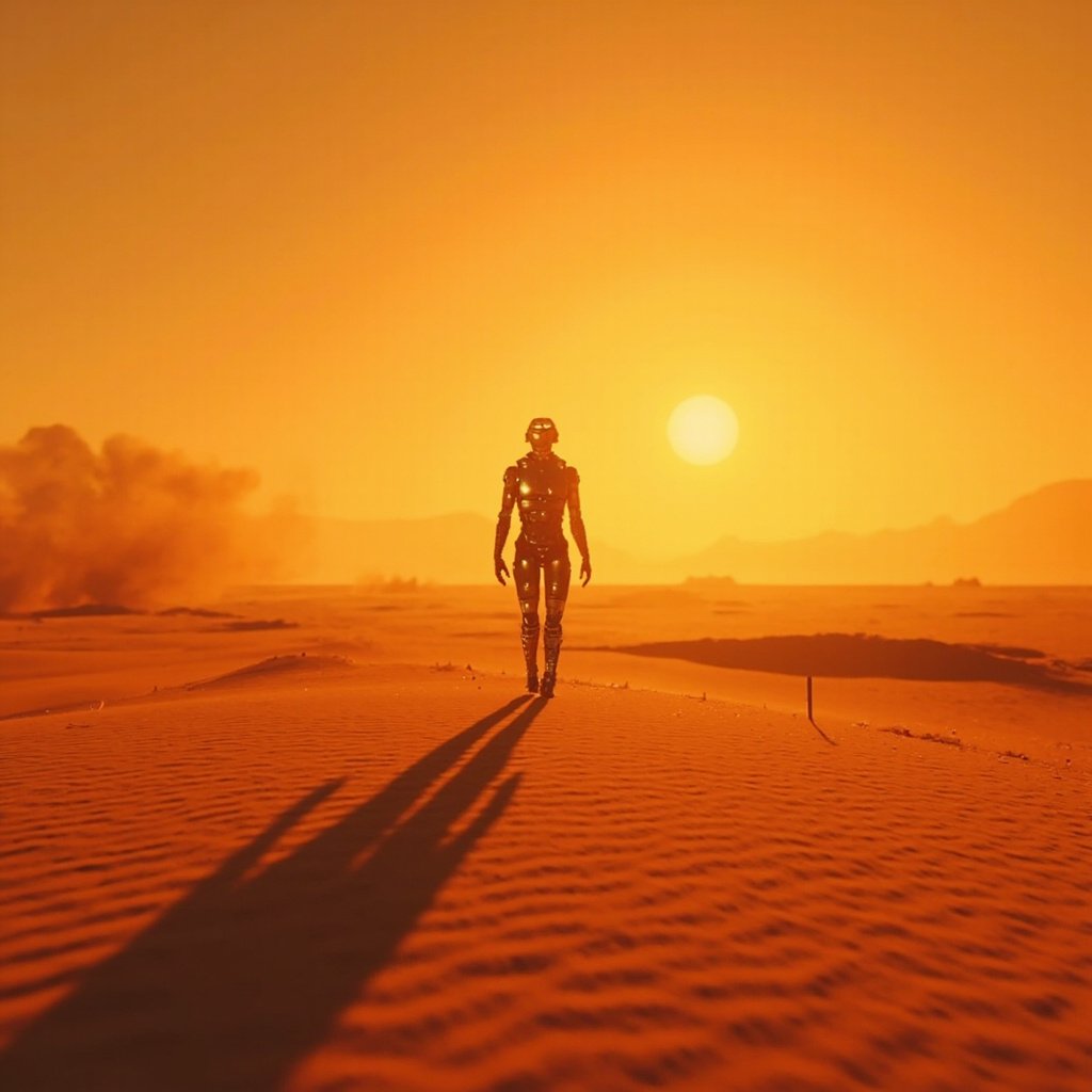 seninmalem's tweet photo. my creation today using @GaiAIio 

Prompt: 
A lone futuristic robot wandering across an endless desert at sunset, golden-orange sky, cinematic wide-angle shot, dramatic long shadows over the sand dunes, highly detailed, sci-fi atmosphere, ultra-realistic lighting.

#GaiAI https://t.co/fQ92RMCrBV