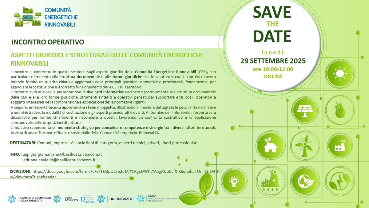 Asset Basilicata (@assetbasilicata) on Twitter photo 📆 #SaveTheDate | 29/09/25 ore 10:00
Nuovo #webinar <a href="/CamComBas/">CamCom Basilicata</a> su aspetti giuridici e strutturali delle #CER.
🎯 Focus su normativa, documenti e forme giuridiche per costituire Comunità energetiche rinnovabili.
✍️ Iscriviti 👉 forms.gle/FYFLJa5Vpizgk6… 📆 #SaveTheDate | 29/09/25 ore 10:00
Nuovo #webinar <a href="/CamComBas/">CamCom Basilicata</a> su aspetti giuridici e strutturali delle #CER.
🎯 Focus su normativa, documenti e forme giuridiche per costituire Comunità energetiche rinnovabili.
✍️ Iscriviti 👉 forms.gle/FYFLJa5Vpizgk6…