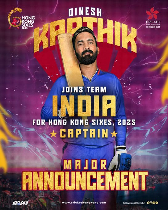 TheDailyPioneer's tweet image. Former Indian cricketer #DineshKarthik appointed captain of the Indian men’s team for the Hong Kong Sixes.
The exciting short-format tournament will start on 7th November 2025.
#hongkongsixes | #Cricket
