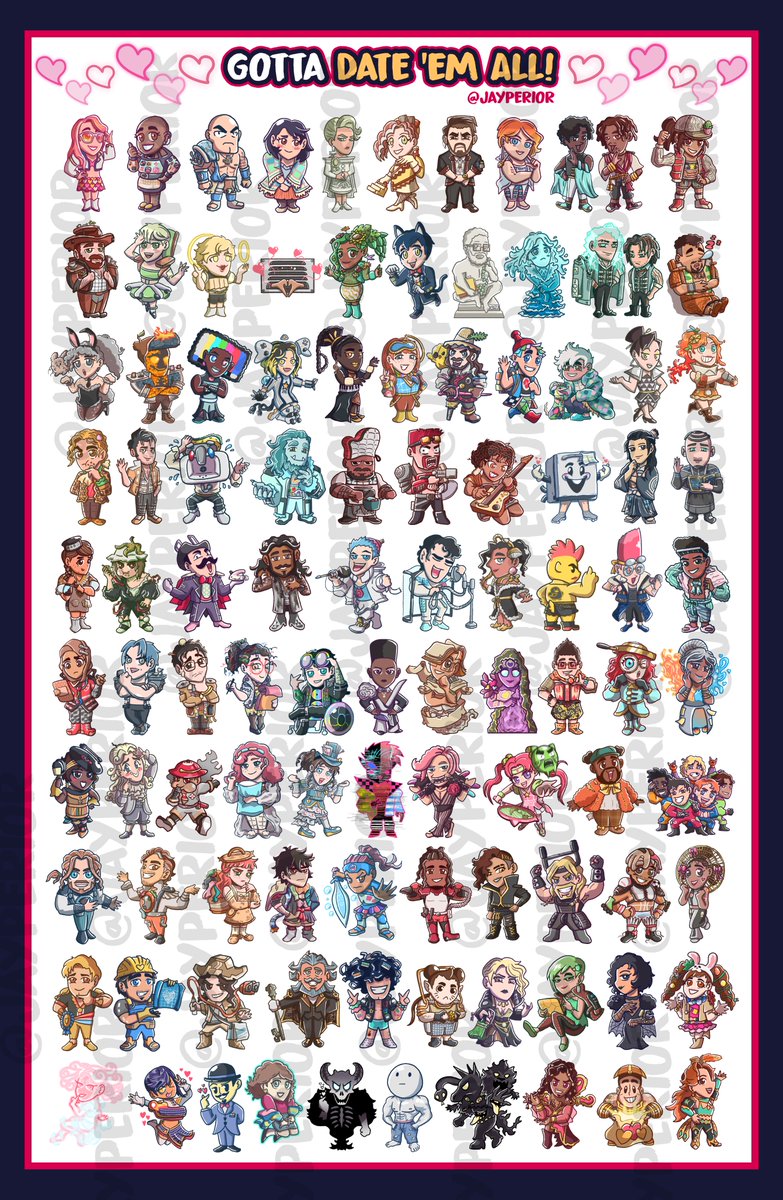 jayperior's tweet photo. "GOTTA DATE 'EM ALL!" Print ft. all 102 Characters from @DateEverything ! I noticed con-attendees all summer looking for DE merch, so I figured why not feature them all in one print Pokedex style? I will be premiering this at Twitch Con next month, so hope to see some fans there! https://t.co/3wmhQtxyw9