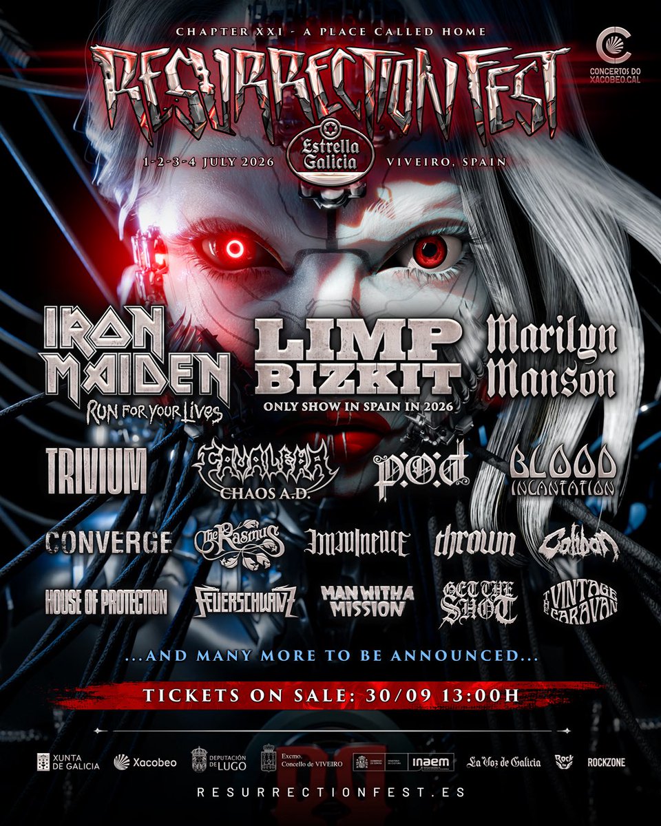 IronMaiden's tweet image. Iron Maiden will return to Resurrection Fest in 2026 for the #RunForYourLivesWorldTour 

July 2026
1st – 4th – Resurrection Fest, Viveiro – Spain (Tickets on sale 30th September)

#IronMaiden #ResurrectionFest