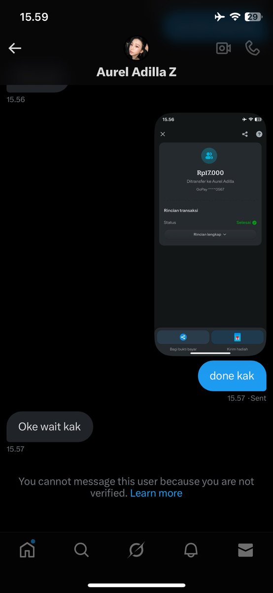 penipu gopay 085955050567 atas nama Aurel Adilla