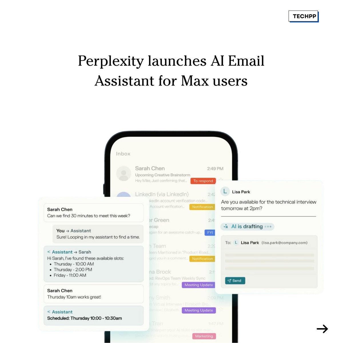 techpp's tweet image. Perplexity launches AI Email Assistant for Max users

#Perplexity #EmailAssistant #AI #Productivity #Gmail #Google