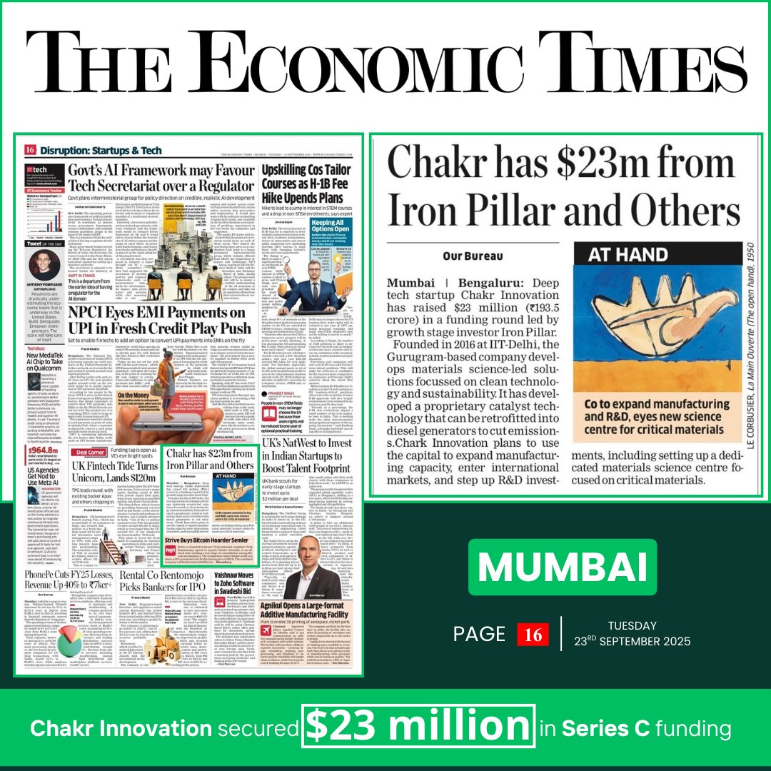 📰 Featured in The <a href="/EconomicTimes/">Economic Times</a>  (Mumbai Edition, Pg-16) for our USD 23M Series C fundraise! 🚀

This milestone drives growth, manufacturing expansion &amp; India’s 1st Materials Science Centre — step towards #ViksitBharat 🌍

🔗 lnkd.in/g4S-JNc8

#ChakrInnovation #SeriesC