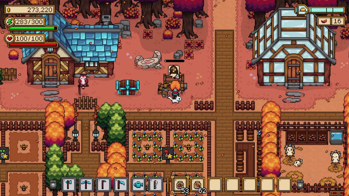 🍂 Four more seasonal screenshots from Seeds of Calamity!

It’s time to:

🌱 farm            🐑 raise animals  
🛖 build           ⚔️ explore the dungeons

#pixelart #cozygame
