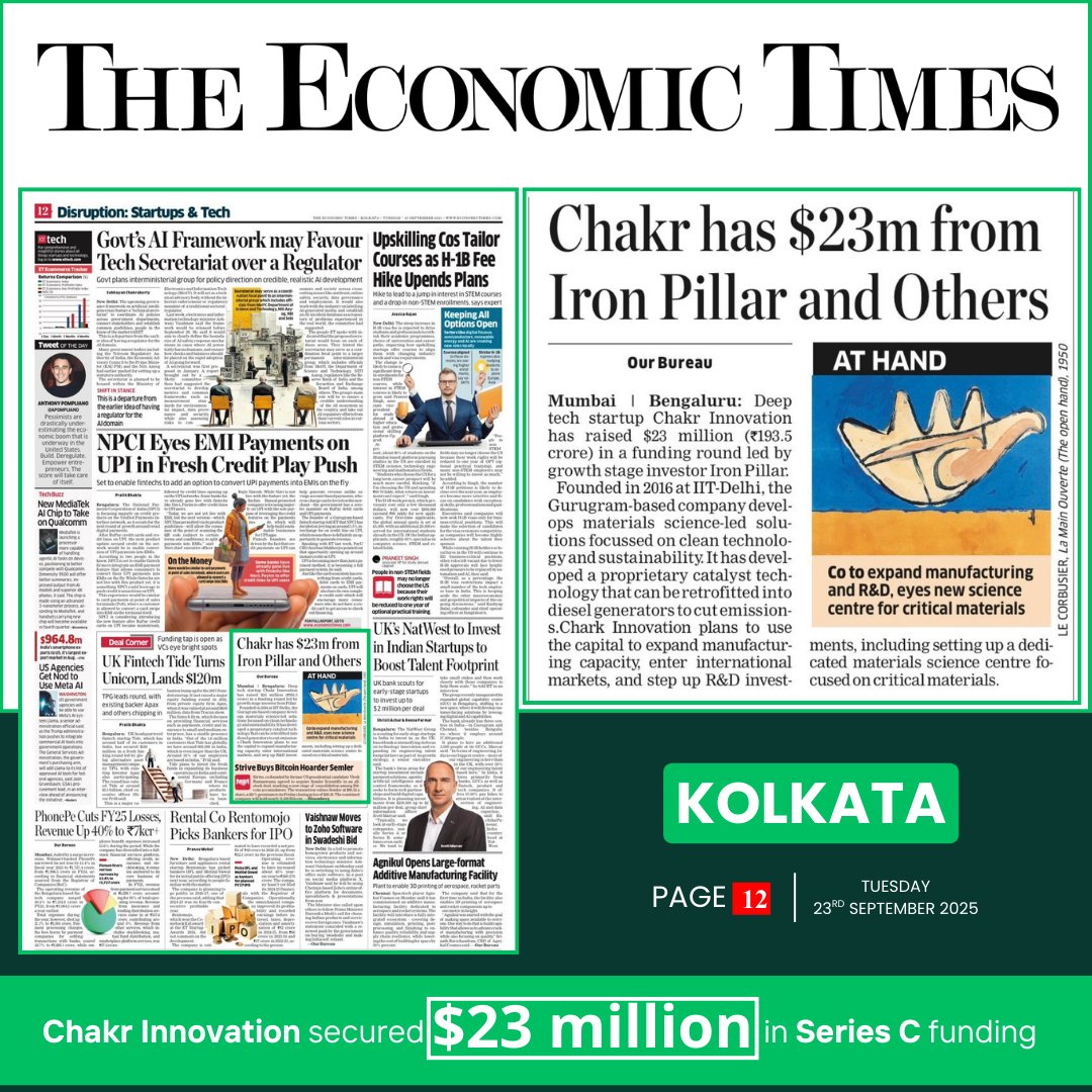 📰 Featured in The <a href="/EconomicTimes/">Economic Times</a>  (Kolkata Edition, Pg- 12) for our USD 23M Series C fundraise! 🚀

This milestone drives growth, manufacturing expansion &amp; India’s 1st Materials Science Centre — step towards #ViksitBharat 🌍

🔗 lnkd.in/g4S-JNc8

#ChakrInnovation #SeriesC