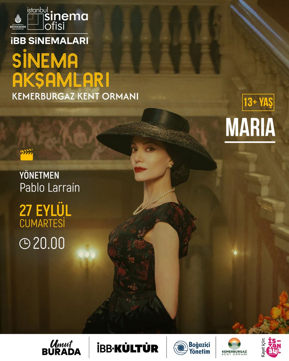 27 Eylül Cumartesi akşamı, saat 20.00’de Kemerburgaz Kent Ormanı’nda Pablo Larraín  imzalı "Maria" adlı film sinemaseverlerle buluşacak.

🎟 Etkinliğimizin ücretsiz biletlerini İstanbul Senin uygulaması üzerinden temin edebilirsiniz.

📌Etkinliğimize kendi sandalyeniz ile