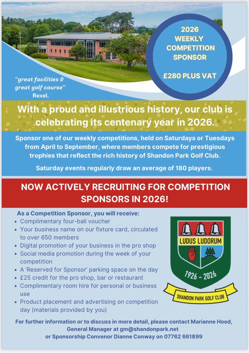 Want to be part of <a href="/ShandonParkGC/">Shandon Park GC</a>’s Centenary celebrations in 2026? 

We’re looking for sponsors for our weekly competitions which regularly attract 180+ members.

👉 Find out more here: shandonpark.net/Sponsorship

Or contact <a href="/MHHospitality/">Marianne Hood</a> or <a href="/Golfer2017/">DC</a> for more info.

#LoveSPGC