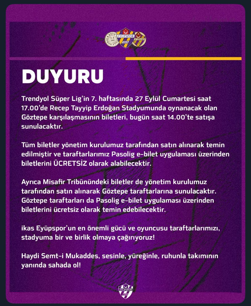 Arkadaşlar paylaşın.

Eyüpspor, Göztepe maçının biletlerinin tamamını yönetim kurulunun satın aldığını ve taraftarların bugün 14.00'te ücretsiz olarak biletleri temin edebileceğini açıkladı.

Göztepe taraftarları da aynı şekilde deplasman tribünü biletlerine ücretsiz şekilde