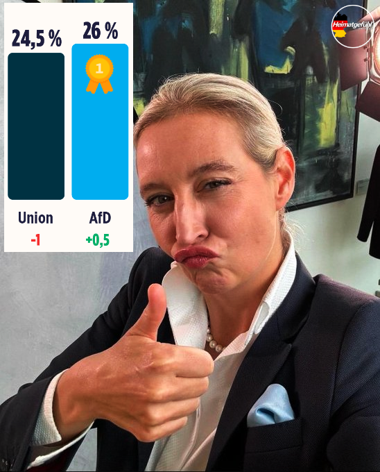 HeimatliebeDE's tweet photo. AfD: 26%
Union: 24,5% 

Gekommen, um zu bleiben! 🇩🇪 https://t.co/9tI26gbdCv