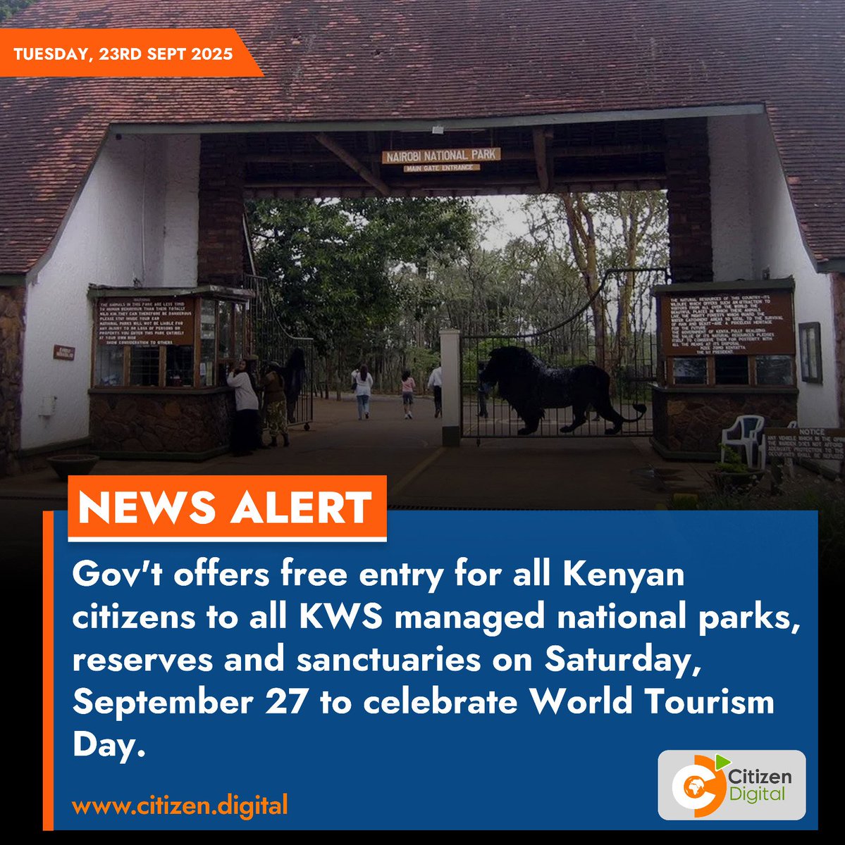 Gov't offers free entry for all Kenyan citizens to all KWS managed national parks, reserves and sanctuaries on Saturday, September 27 to celebrate World Tourism Day
