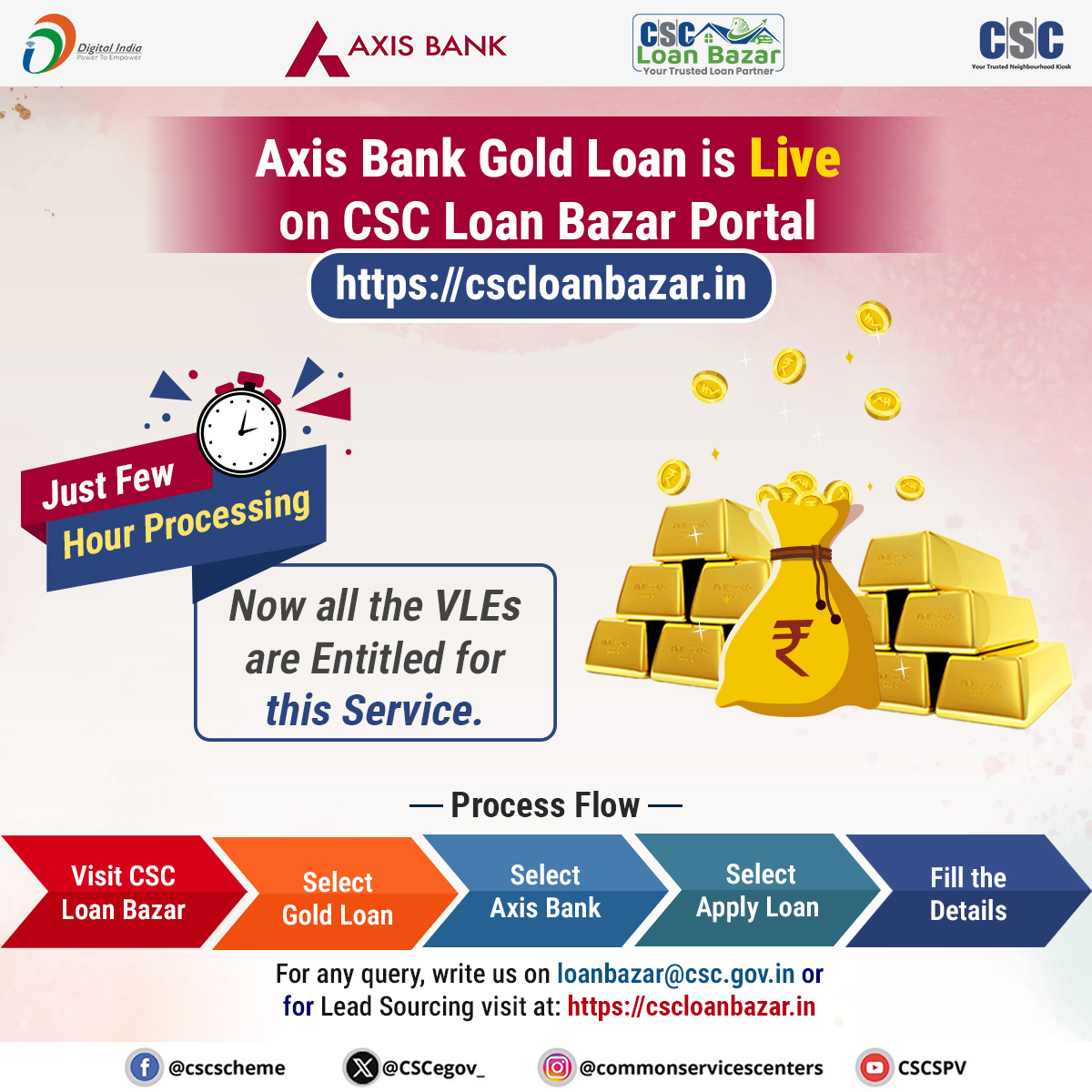 cscfinancial_'s tweet image. Good News for CSC VLEs...

Axis Bank Gold Loan is LIVE on CSC Loan Bazar Portal

Just few hour processing.

Login at: cscloanbazar.in
Contact us: loanbazar@csc.gov.in

#axisbank #csc #cscloanbazar #digitalindia
