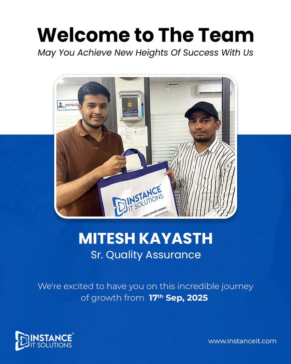 instance_it's tweet image. Welcome aboard, we can’t wait to achieve milestones with you! 🙌
Here’s to new opportunities, exciting challenges, and collective growth together. 💙

#InstanceITSolutions #WelcomeOnBoard #NewJoiners #SeptemberJourney #TeamGrowth #InnovationTogether #WorkplaceCulture